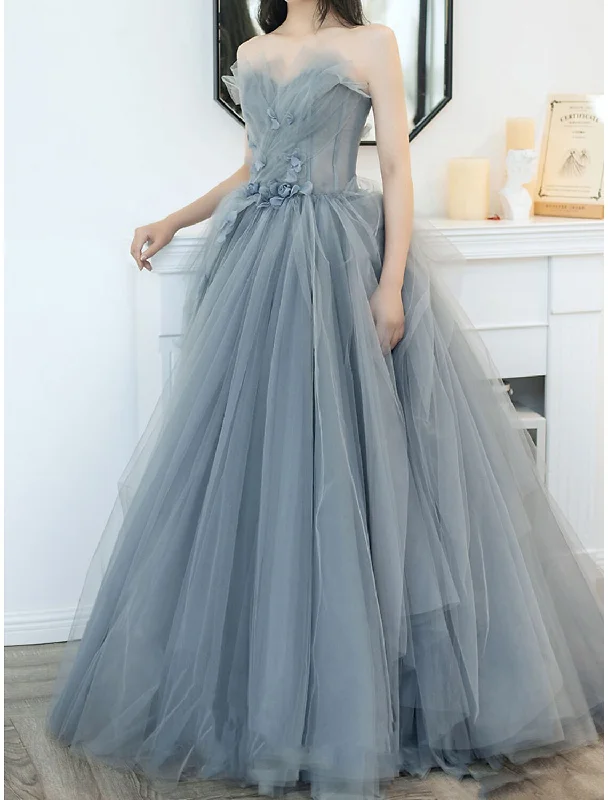Limited Time Offer A-Line Prom Dresses Cute Dress Engagement Prom Sweep / Brush Train Sleeveless Strapless Tulle with Appliques Pure Color