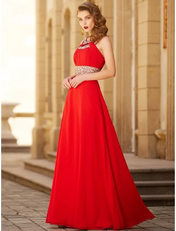 Fantastic Deals A-Line Evening Gown Elegant Dress Wedding Guest Party Wear Floor Length Sleeveless Halter Neck Chiffon with Rhinestone Slit Fantastic Deals A-Line Evening Gown Elegant Dress Wedding Guest Party Wear Floor Length Sleeveless Halter Neck Chiffon with Rhinestone Slit