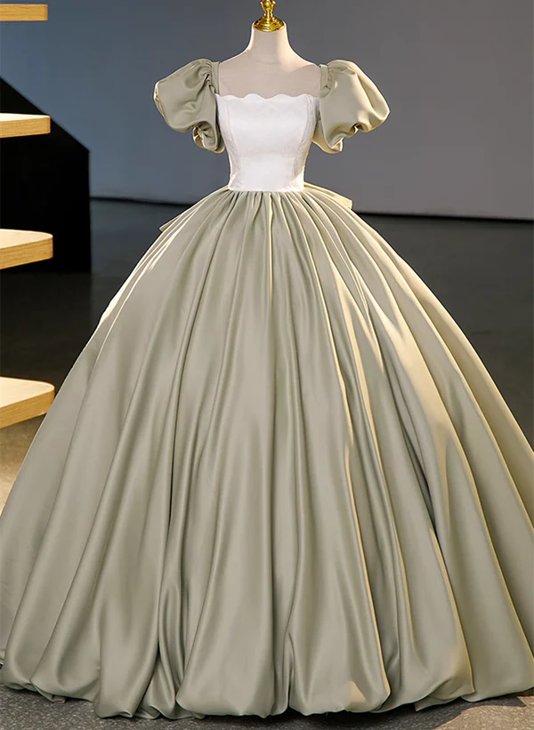 Value Deals A-Line Princess Bubble Sleeved Green Short Sleeves Ball Gown Satin Long Party Dress Long Formal Quinceanera Dress