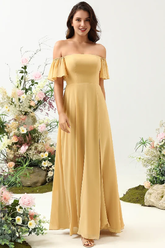 Exclusive Preview Yellow ruffled A-line shoulder chiffon long bridesmaid dress