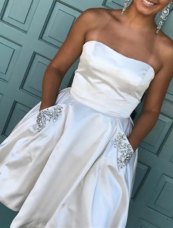 Limited Time Offer A-Line Homecoming Dresses Little White Dresses Dress Holiday Graduation Short / Mini Sleeveless Strapless Pocket Satin with Rhinestone Limited Time Offer A-Line Homecoming Dresses Little White Dresses Dress Holiday Graduation Short / Mini Sleeveless Strapless Pocket Satin with Rhinestone
