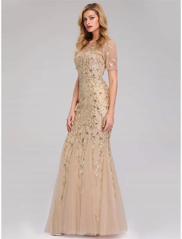 Closeout Mermaid / Trumpet Empire Elegant Party Wear Formal Evening Dress Jewel Neck Short Sleeve Floor Length Tulle with Embroidery Closeout Mermaid / Trumpet Empire Elegant Party Wear Formal Evening Dress Jewel Neck Short Sleeve Floor Length Tulle with Embroidery
