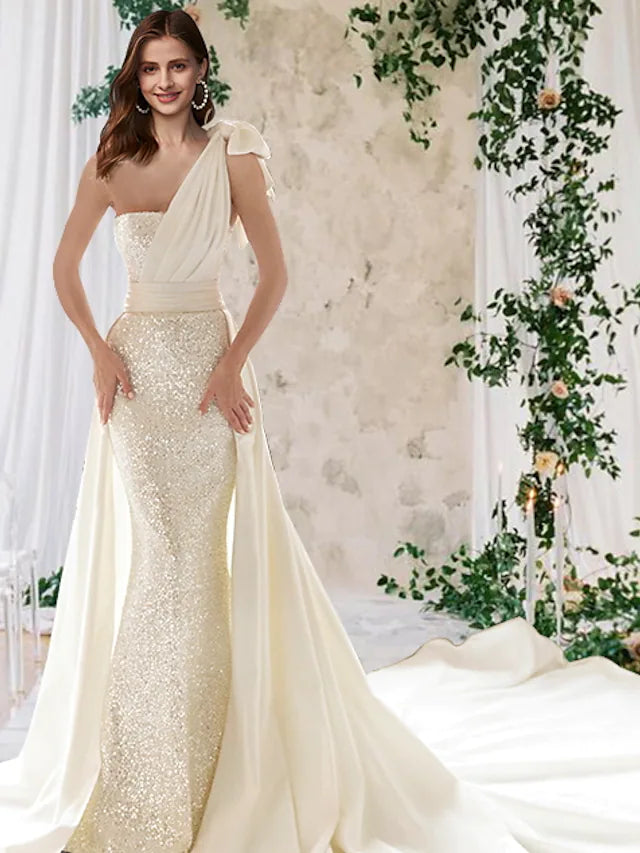 Price Drop Engagement Formal Sparkle & Shine Wedding Dresses Court  Mermaid  Sleeveless One Shoulder Satin With Sequin