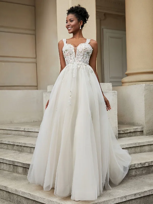 Deal Mania V-neck floral decal chiffon wedding dress