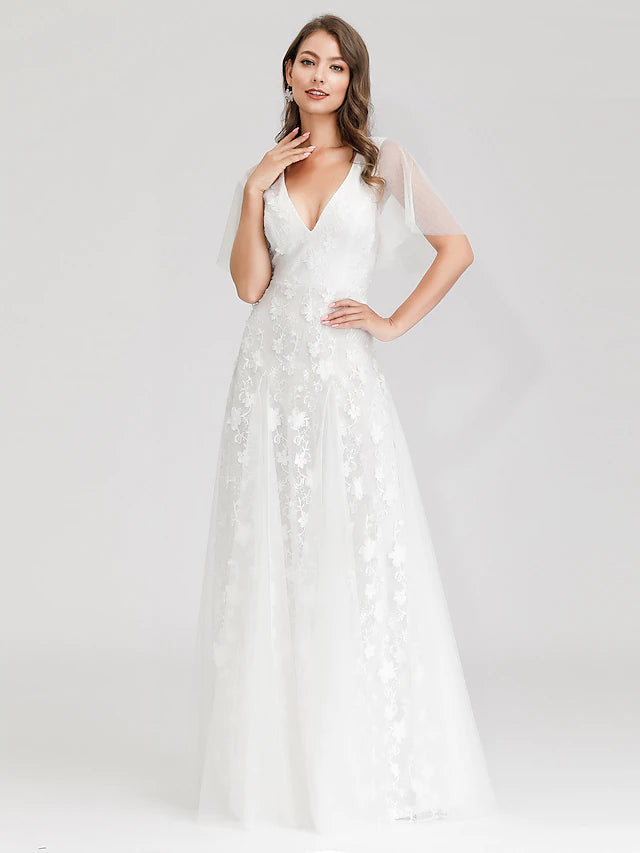 Extra Savings Bridal Shower Open Back Wedding Dresses Maxi A-Line Short Sleeve V Neck Tulle With Lace Appliques Extra Savings Bridal Shower Open Back Wedding Dresses Maxi A-Line Short Sleeve V Neck Tulle With Lace Appliques