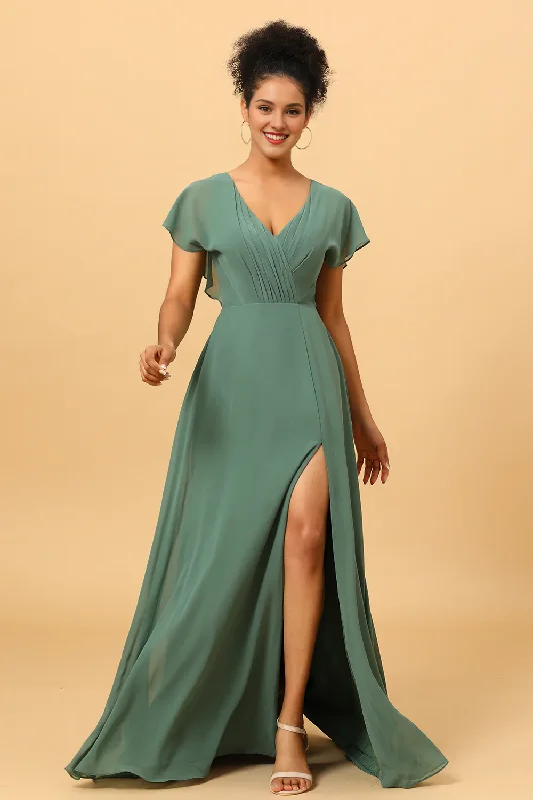 YEAR-End Clearance Eucalyptus A-line V-neck pleated long slit chiffon bridesmaid dress