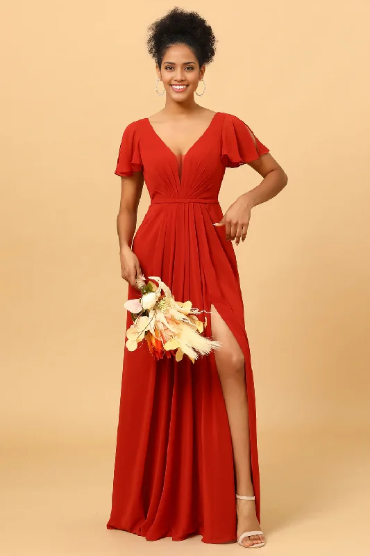 Early Access A Line V Neck Rust Long Bridesmaid Dress Short Sleeves