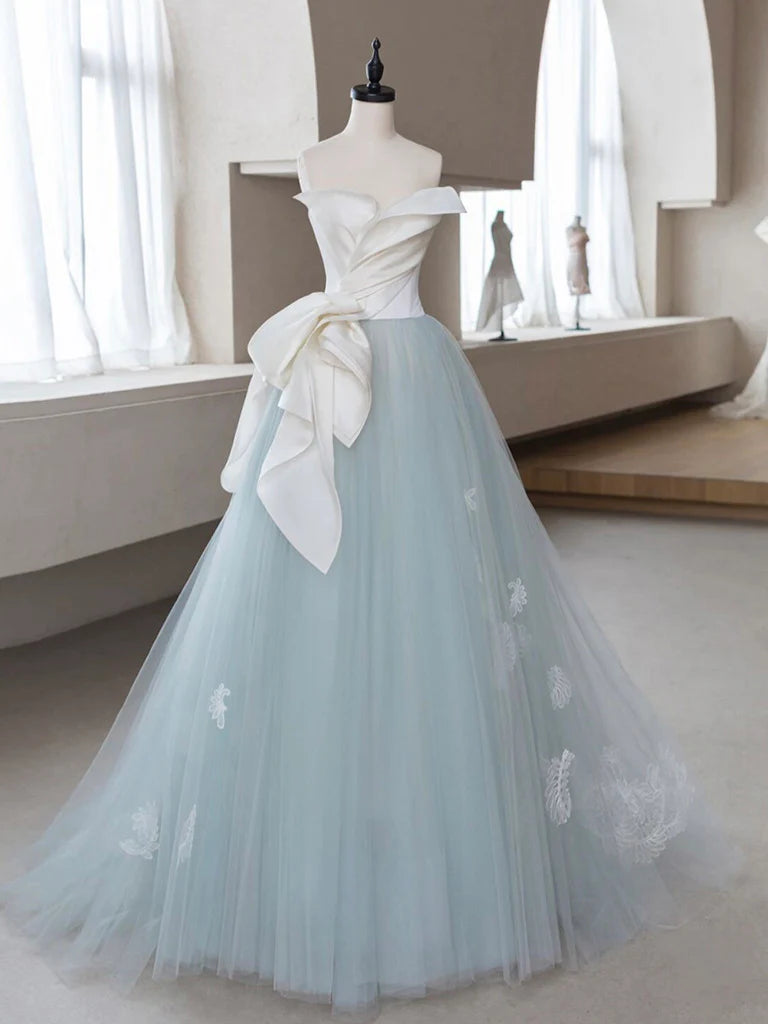 Big Savings A-Line Tulle Lace Blue Strapless Long Prom Dress Formal Dress