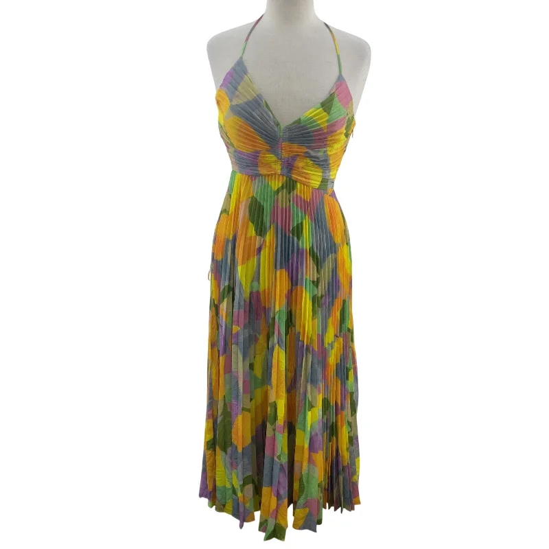 Members Only ASTR Yellow & Purple Floral Women's Long A-Line Dress, S, Polyester, Preowned