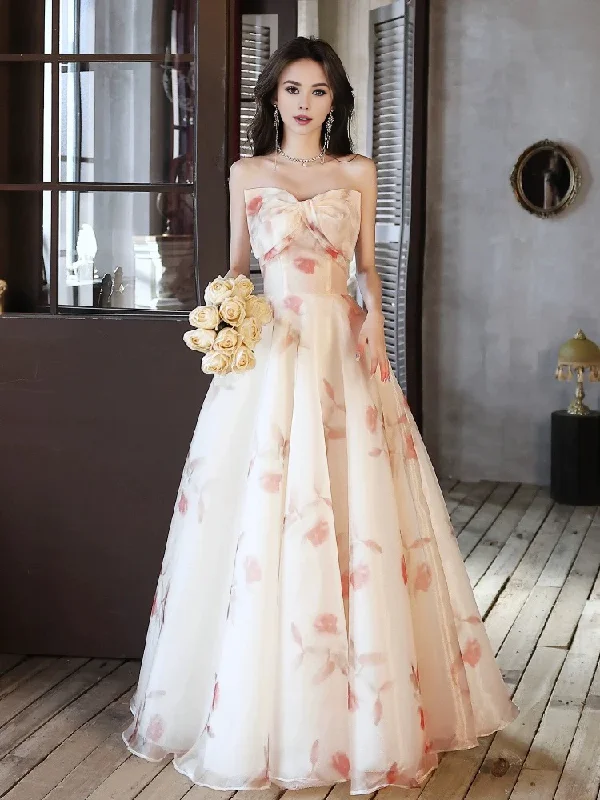 Special Savings A-Line Champagne Long Prom Dress Tulle Floral Print Dress