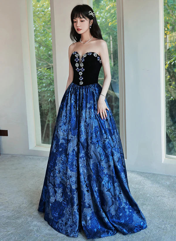 Hot Deal Blue Floral Satin Sweetheart Floor Length Evening Dress Prom Dress