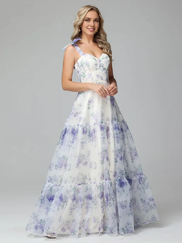 Special Savings A-Line Princess Elegant Floral Print Lace Up Floor Length Bridesmaid Dresses Prom Dress