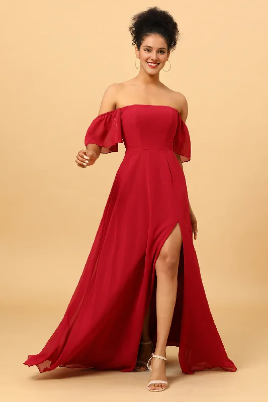 Major Savings Wine red slit shoulder length chiffon bridesmaid dress