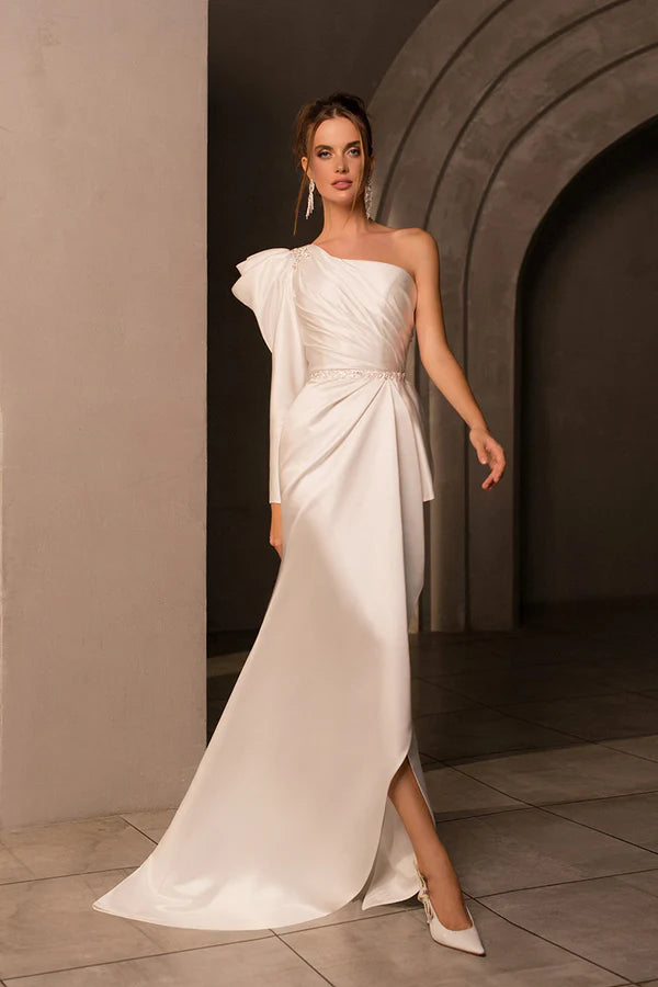 Great Deals Unique one shoulder long sleeved satin fishtail wedding dress