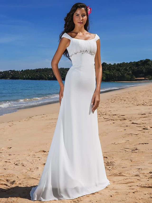 Limited Availability Casual Wedding Dresses Sweep  Cap Sleeve Scoop Neck Chiffon With Beading Draping