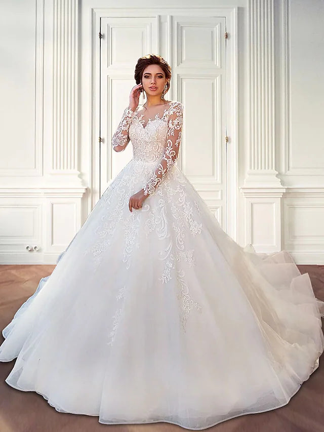 Year-End Sale Engagement Formal Wedding Dresses Court Train Ball Gown Long Sleeve Jewel Neck Lace With Lace Appliques Year-End Sale Engagement Formal Wedding Dresses Court Train Ball Gown Long Sleeve Jewel Neck Lace With Lace Appliques