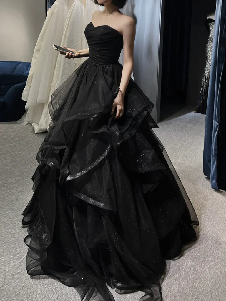 Limited Availability A-Line Sweetheart Neck Tulle Black Ruffle Tiered Ballgown Long Prom Dress