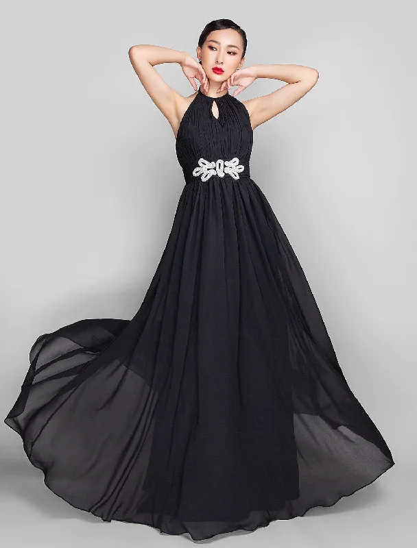 Major Savings A-Line Open Back Keyhole Formal Evening Wedding Party Military Ball Dress High Neck Sleeveless Floor Length Chiffon with Beading