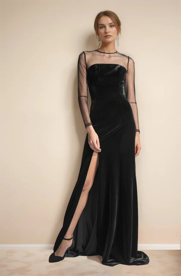 Clearance Items Elegant Velvet tulle mesh long sleeves vintage Black Velvet Dress slit Clearance Items Elegant Velvet tulle mesh long sleeves vintage Black Velvet Dress slit