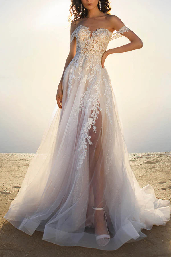 Online Specials Shoulder Drop Lace Applique Princess Wedding Dress