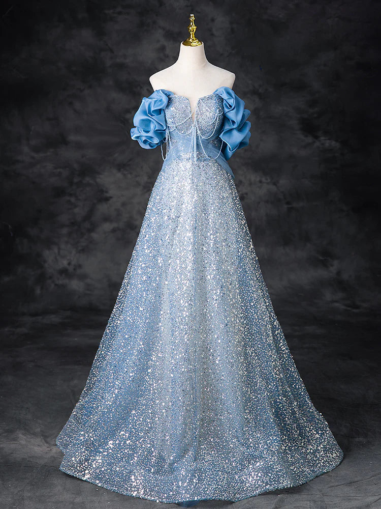Take Advantage A-Line Off Shoulder Sequin Beads Blue Long Prom Dress