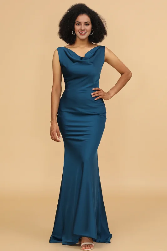 New Arrival Ink blue fishtail collar long satin bridesmaid dress