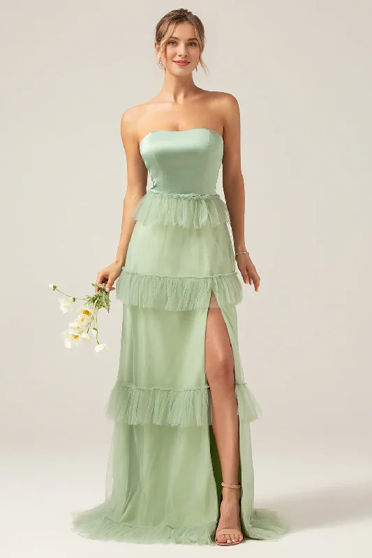 While Supplies Last Matcha A-line layered strapless layered long slit bridesmaid dress While Supplies Last Matcha A-line layered strapless layered long slit bridesmaid dress