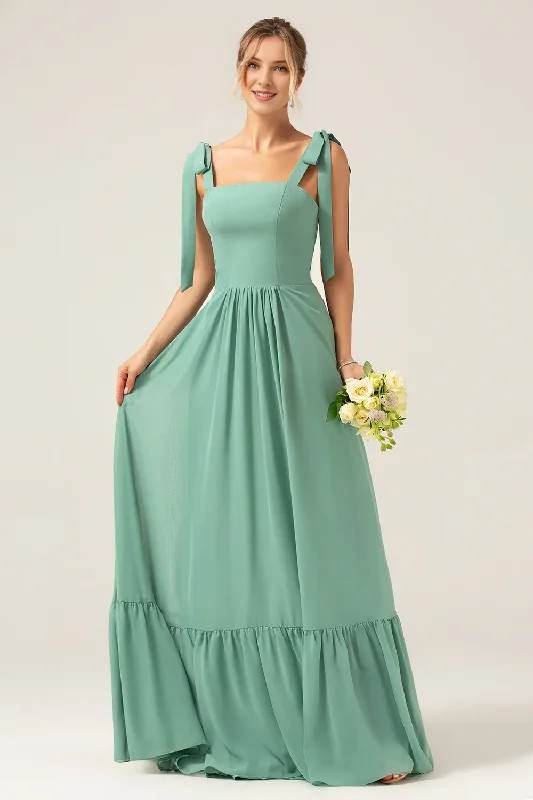 Best Deals A-line slim shoulder strap pleated and ground length eucalyptus bridesmaid dress