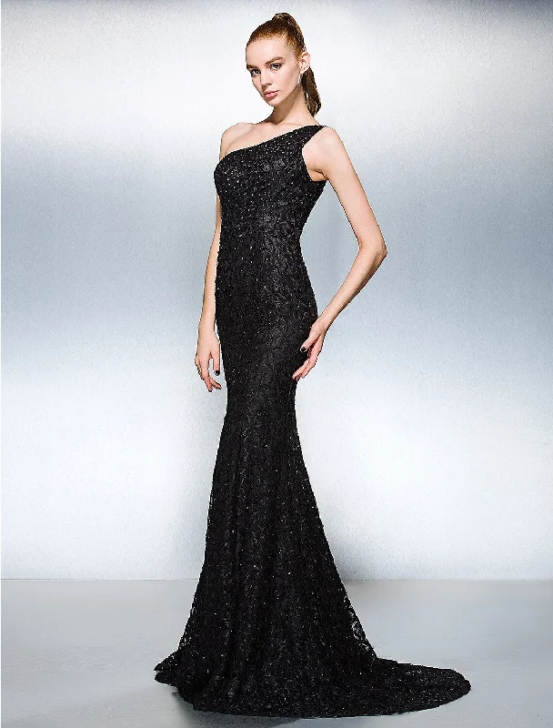 Act Fast Sheath / Column Sparkle & Shine Dress Holiday Cocktail Party Court Train Sleeveless One Shoulder Lace with Beading