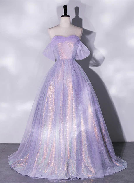 Quick Sale A charming sequin lavender A-line sheer strapless dance dress, lavender princess off the shoulder sleeveless sheer evening dress Quick Sale A charming sequin lavender A-line sheer strapless dance dress, lavender princess off the shoulder sleeveless sheer evening dress