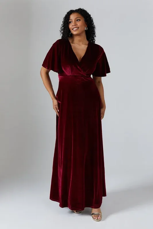 Price Buster V Neck Angel Sleeve Velvet Bridesmaids Maxi Dress Floor-length Wedding Guest Dresses