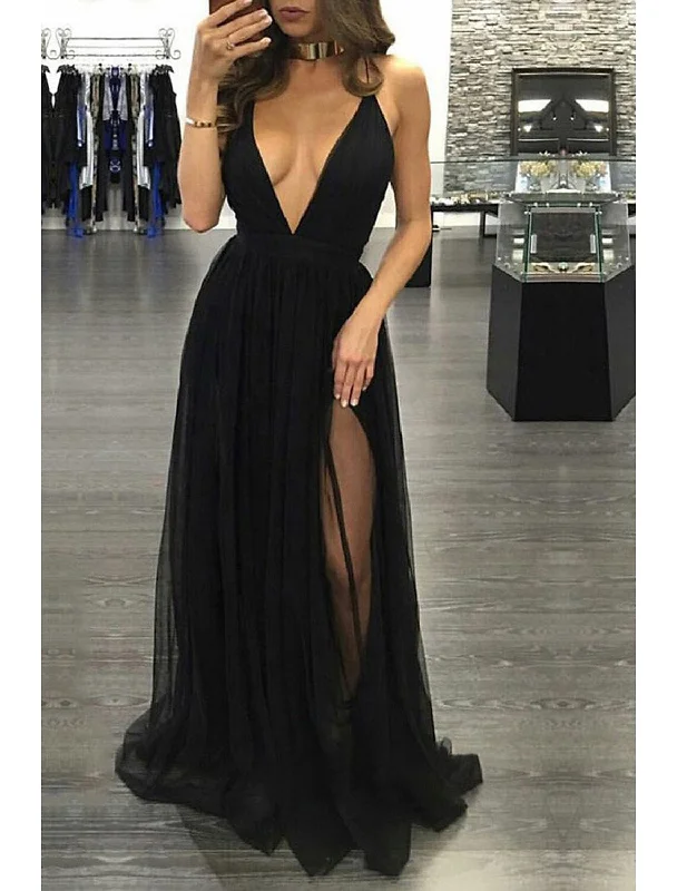 New Markdowns A-Line Prom Dresses Open Back Dress Formal Wedding Guest Floor Length Sleeveless V Neck Chiffon Backless with Pleats Slit