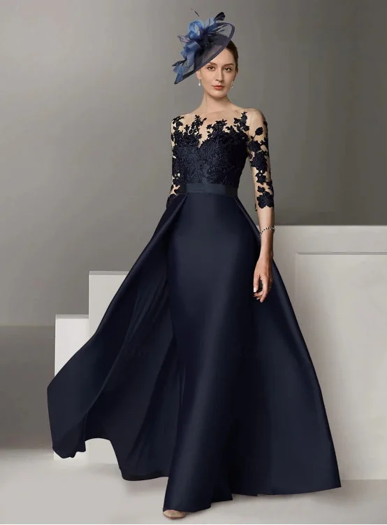 Closeout Sale A-Line Evening Gown Wedding Guest Sweep / Brush Train Long Sleeve Scoop Neck Stretch Satin with Appliques Closeout Sale A-Line Evening Gown Wedding Guest Sweep / Brush Train Long Sleeve Scoop Neck Stretch Satin with Appliques