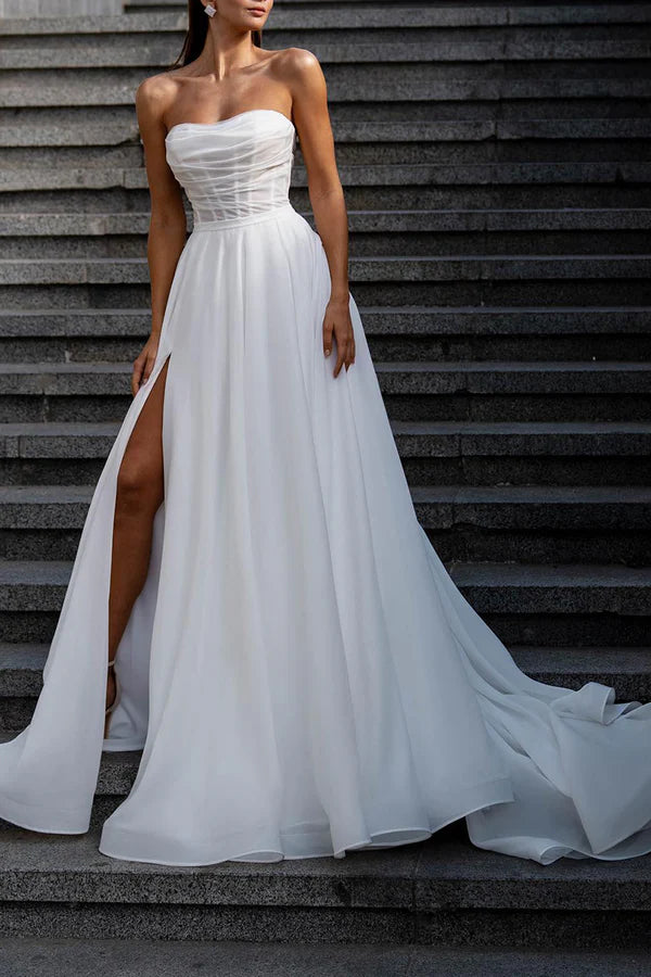 Markdown Madness A line strapless hall casual wedding dress with pleated and split white Bohemian bride dress Markdown Madness A line strapless hall casual wedding dress with pleated and split white Bohemian bride dress