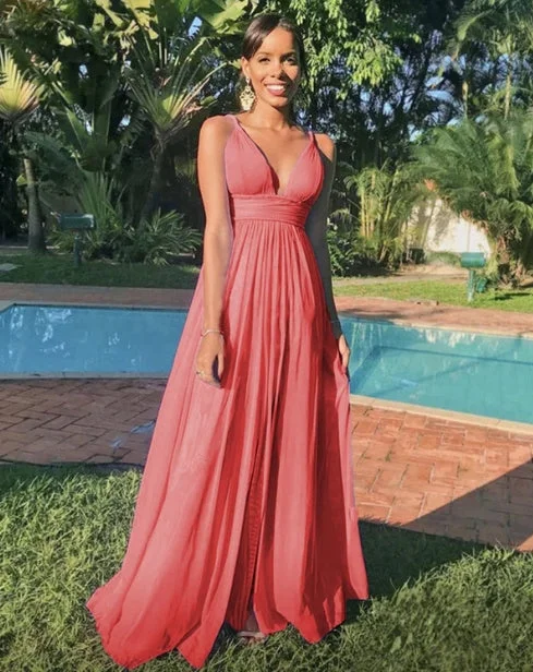 Price Cut Rustic Chiffon Spaghetti Strap Floor-length Bridesmaid Dresses Plunge Neck Side Slit