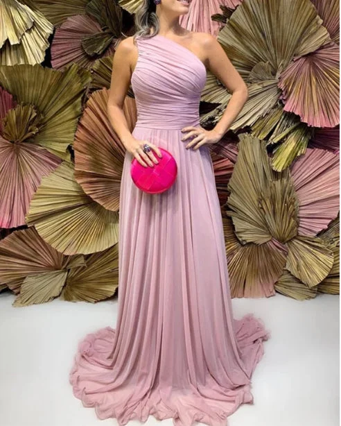 Holiday Sale Pleated Chiffon One Shoulder Bridesmaid Dresses Wedding Guest Party Dresses With Sweep Train Holiday Sale Pleated Chiffon One Shoulder Bridesmaid Dresses Wedding Guest Party Dresses With Sweep Train