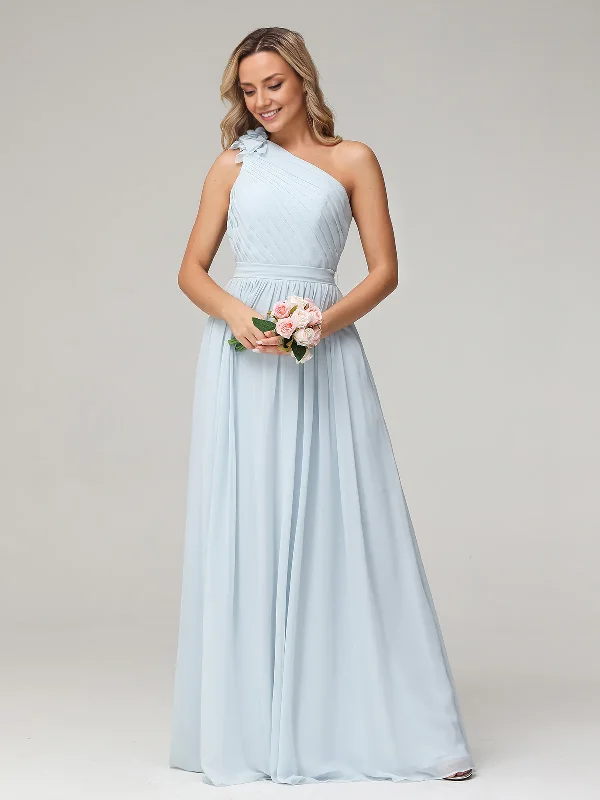 Stock Up and Save One Flower Shoulder Chiffon Dresses with Pocket Mist Ruched Bridesmaid Dresses