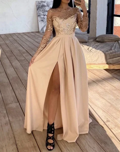 Hurry In Long Sleeves Champagne Bridesmaid Dresses High Slit Evening Dresses