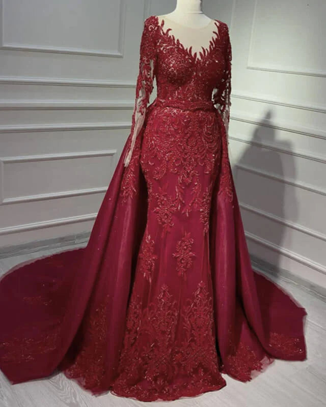 Deal Mania Mermaid Dark Burgundy V-Neck Long Sleeves Appliques Sleeved Dress With Sweep Train Deal Mania Mermaid Dark Burgundy V-Neck Long Sleeves Appliques Sleeved Dress With Sweep Train
