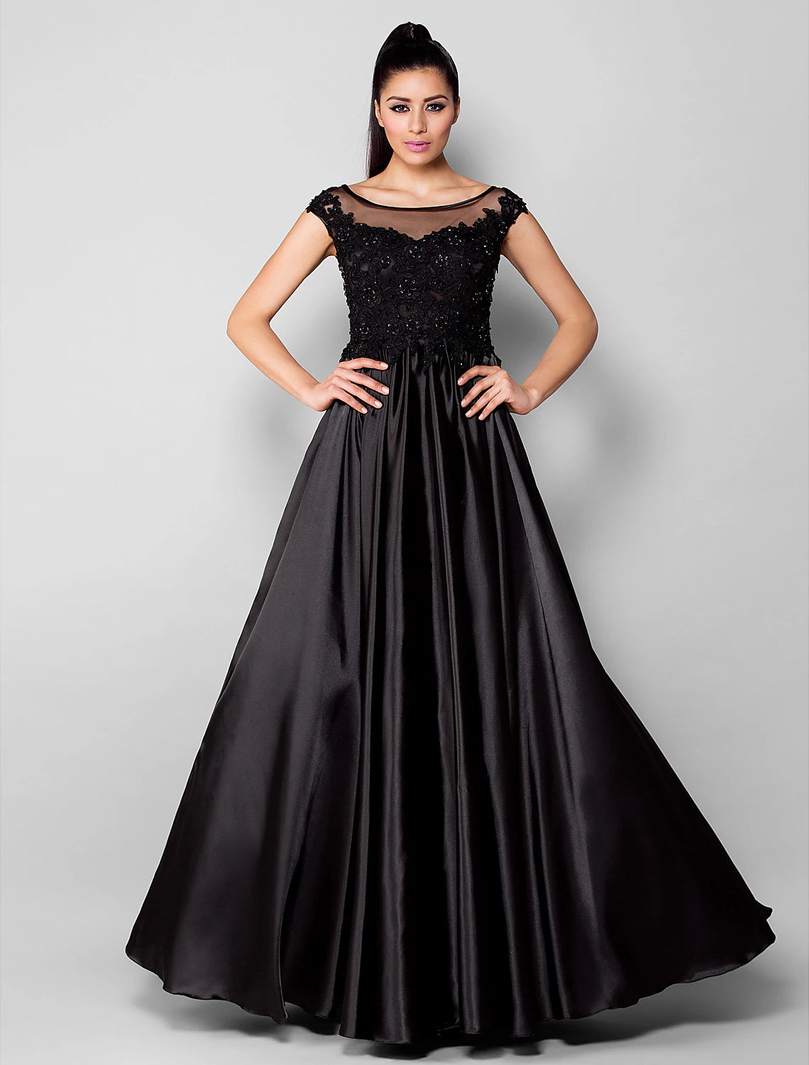 Bargain Blast Ball Gown Minimalist Formal Evening Dress Illusion Neck Short Sleeve Floor Length Stretch Satin with Beading Appliques