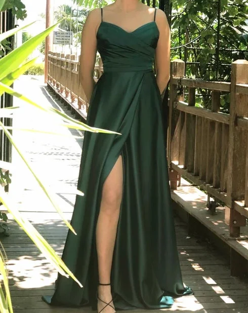 Extra Savings Emerald Green Satin A-Line V Neck Spaghetti Strap Bridesmaid Dresses Split Extra Savings Emerald Green Satin A-Line V Neck Spaghetti Strap Bridesmaid Dresses Split