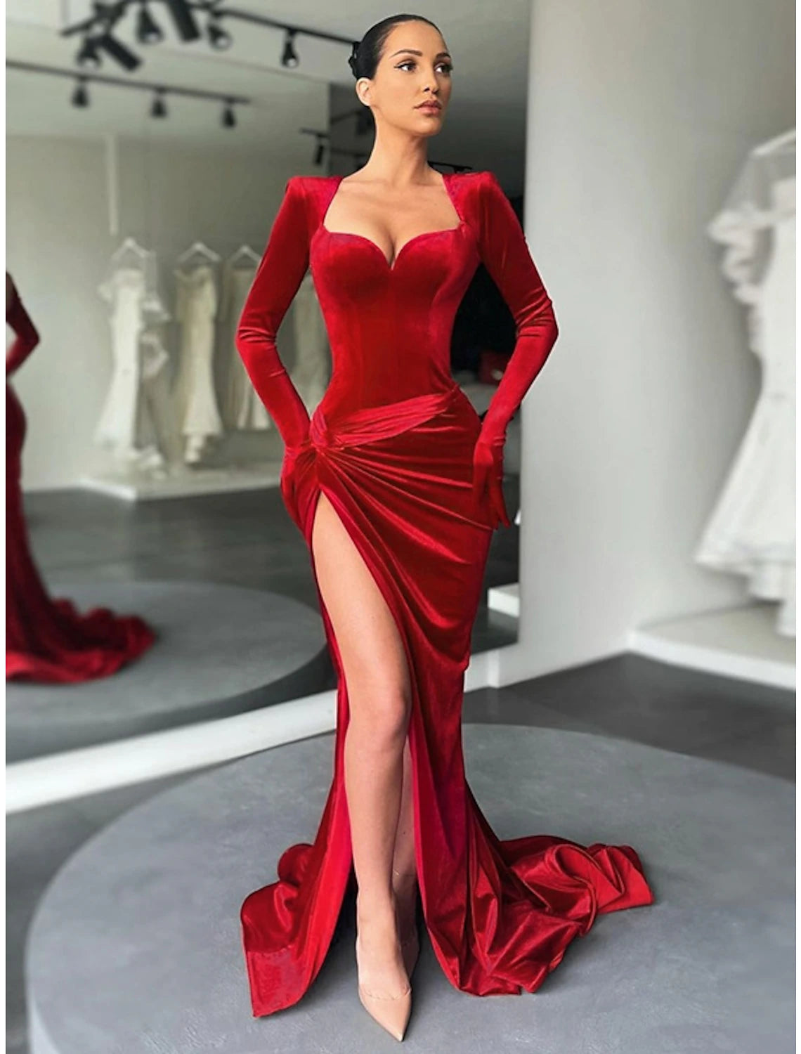 Price Rollback A-Line Evening Gown Vintage Dress Formal Fall Court Train Long Sleeve Sweetheart Velvet with Ruched Slit Price Rollback A-Line Evening Gown Vintage Dress Formal Fall Court Train Long Sleeve Sweetheart Velvet with Ruched Slit