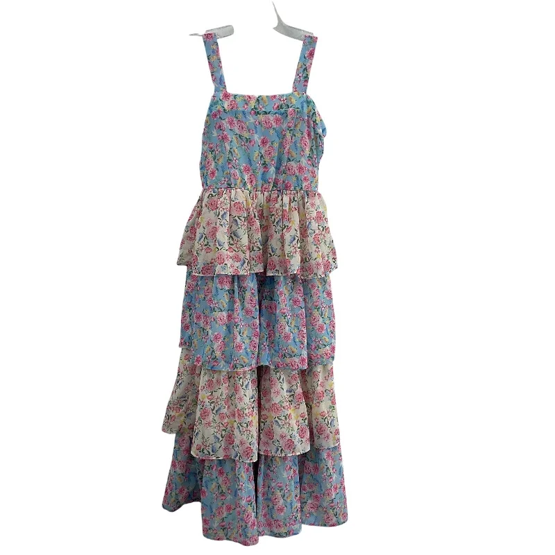 Limited Quantity Rare Editions Pink/Blue Floral Prairie Ruffle Tier A-Line Dress Women Sz 8 Long