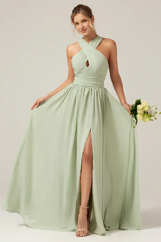 Loyalty Reward Dusty Sage A-line neck hanging pleated long bridesmaid dress