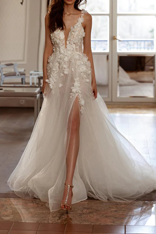 Massive Deals A-line sexy V-neck 3D sticker countryside style slit wedding dress