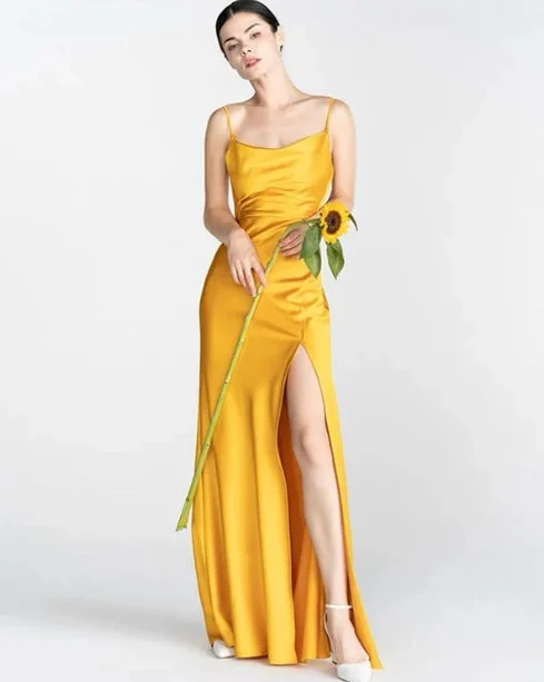 Value Deals Long Gold Satin Fitted Floor-length Spaghetti Strap Bridesmaid Dresses Side Split Value Deals Long Gold Satin Fitted Floor-length Spaghetti Strap Bridesmaid Dresses Side Split