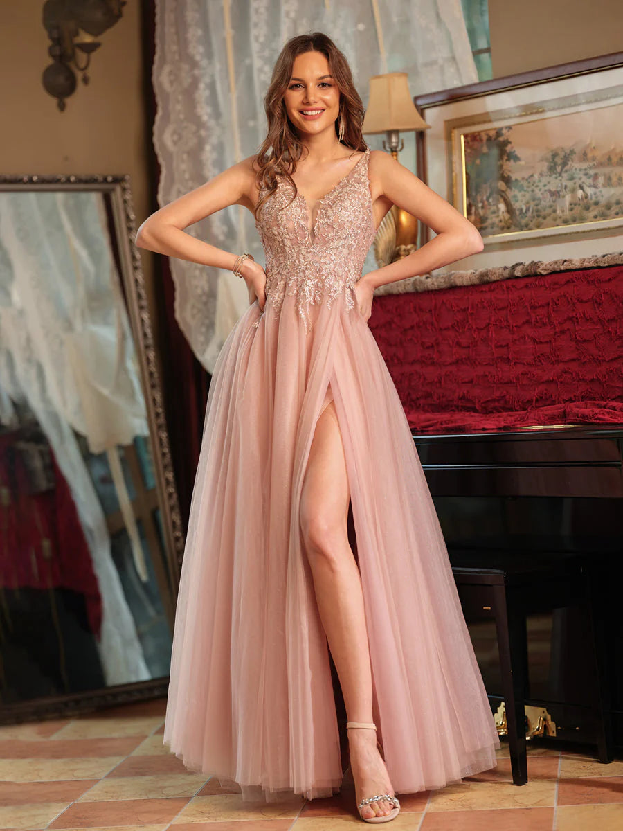 Great Deals A-Line/Princess V-Neck Tulle Split Side Applique Long Prom Dresses