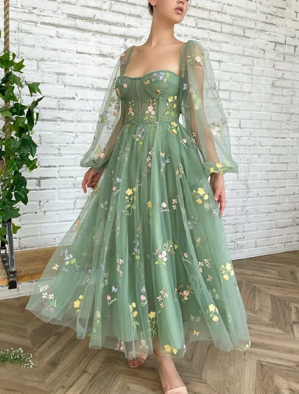 Season Finale Sale A-Line Prom Dresses Floral Dress Wedding Guest Prom Ankle Length Long Sleeve Square Neck Lace with Appliques