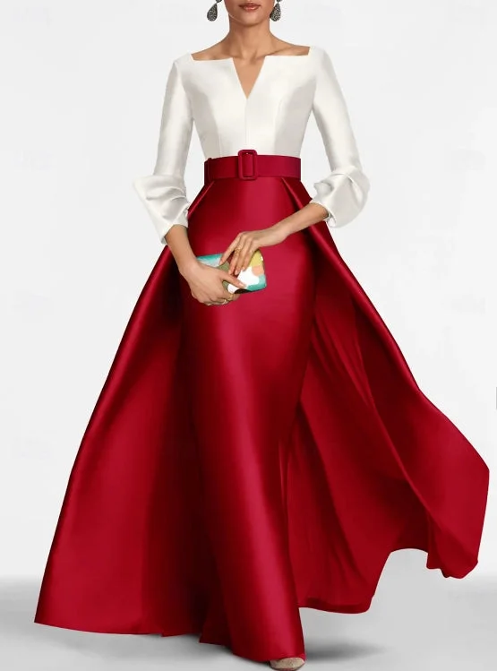 Don't Miss Sheath / Column Evening Gown Formal Christmas Floor Length 3/4 Length Sleeve V Neck Belt / Sash Satin with Slit Don't Miss Sheath / Column Evening Gown Formal Christmas Floor Length 3/4 Length Sleeve V Neck Belt / Sash Satin with Slit