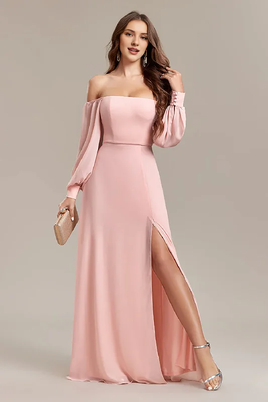 Final Markdown Pink A-line slit off shoulder long wedding guest dress